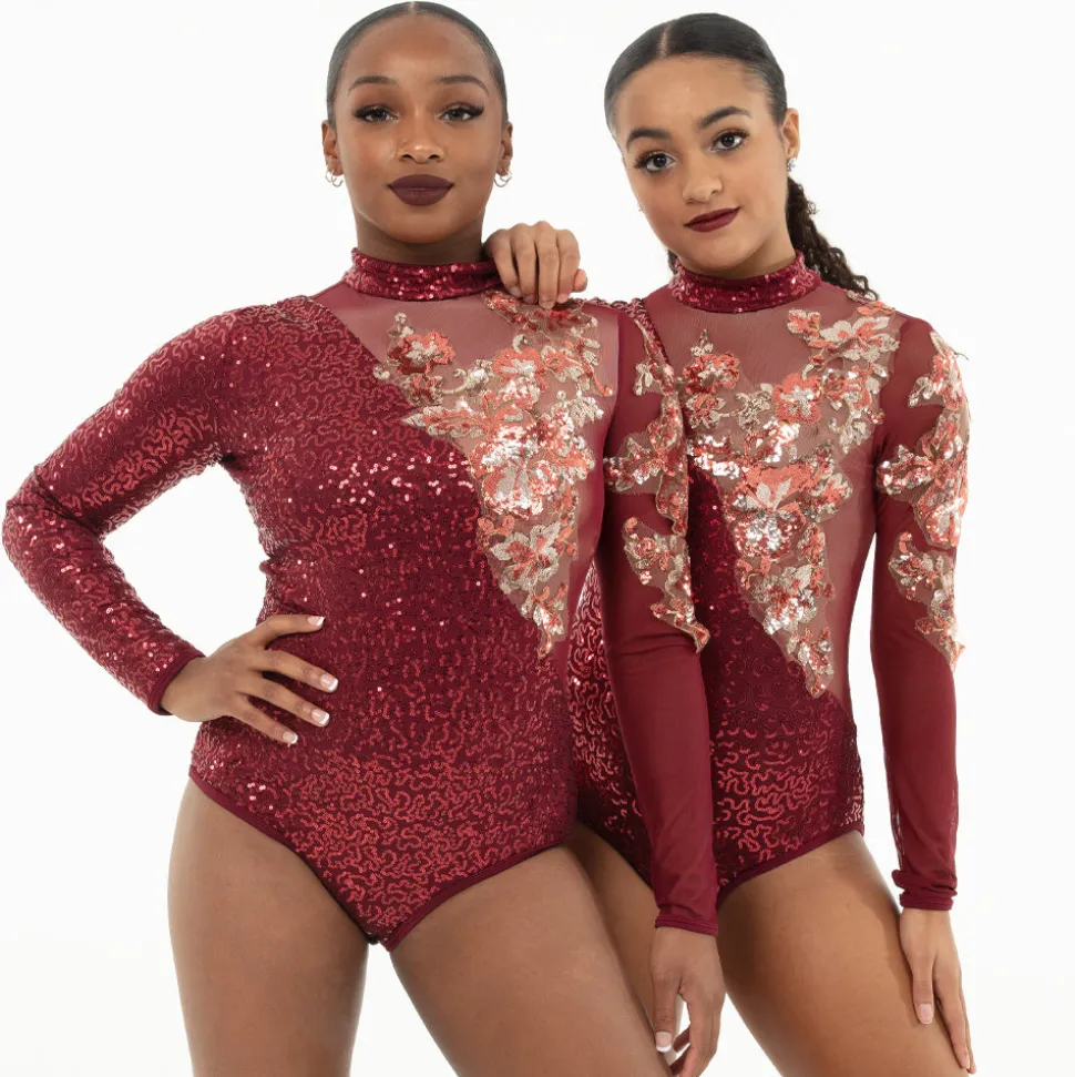 Asymmetrical Sequin Applique Long Sleeve Leotard