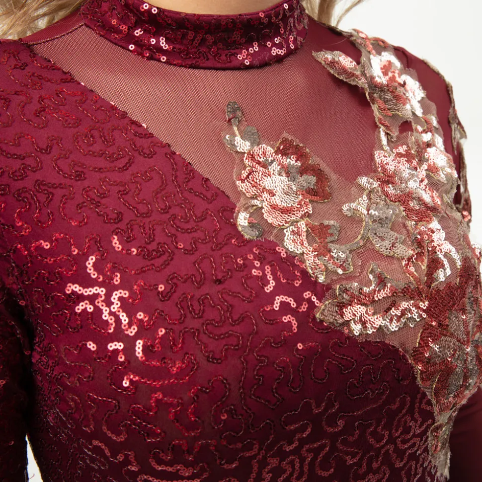 Asymmetrical Sequin Applique Long Sleeve Leotard