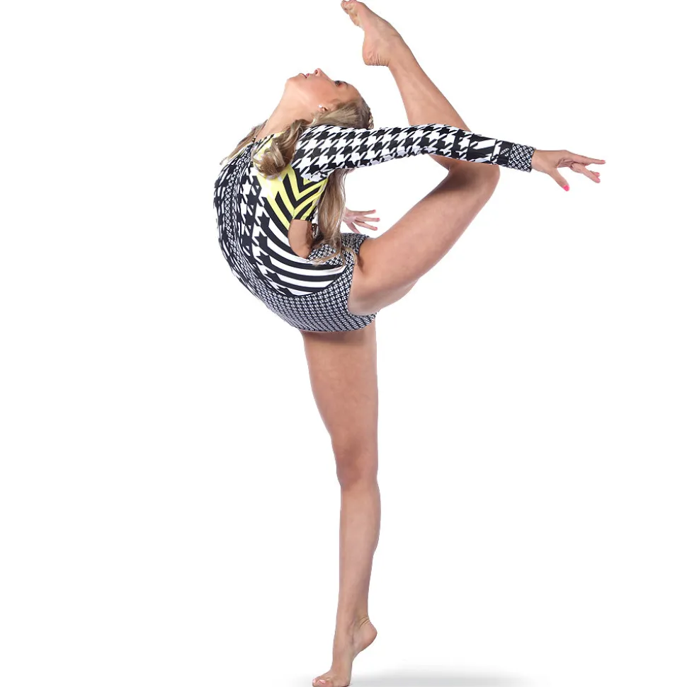 Houndstooth Zipper Front Long Sleeve Leotard