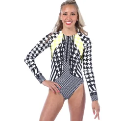 Houndstooth Zipper Front Long Sleeve Leotard
