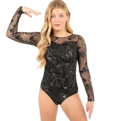 Long Sleeve Floral Flocked Mesh Leotard
