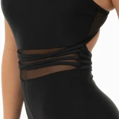 V-Neck Criss Cross Mesh Panel Tank Unitard