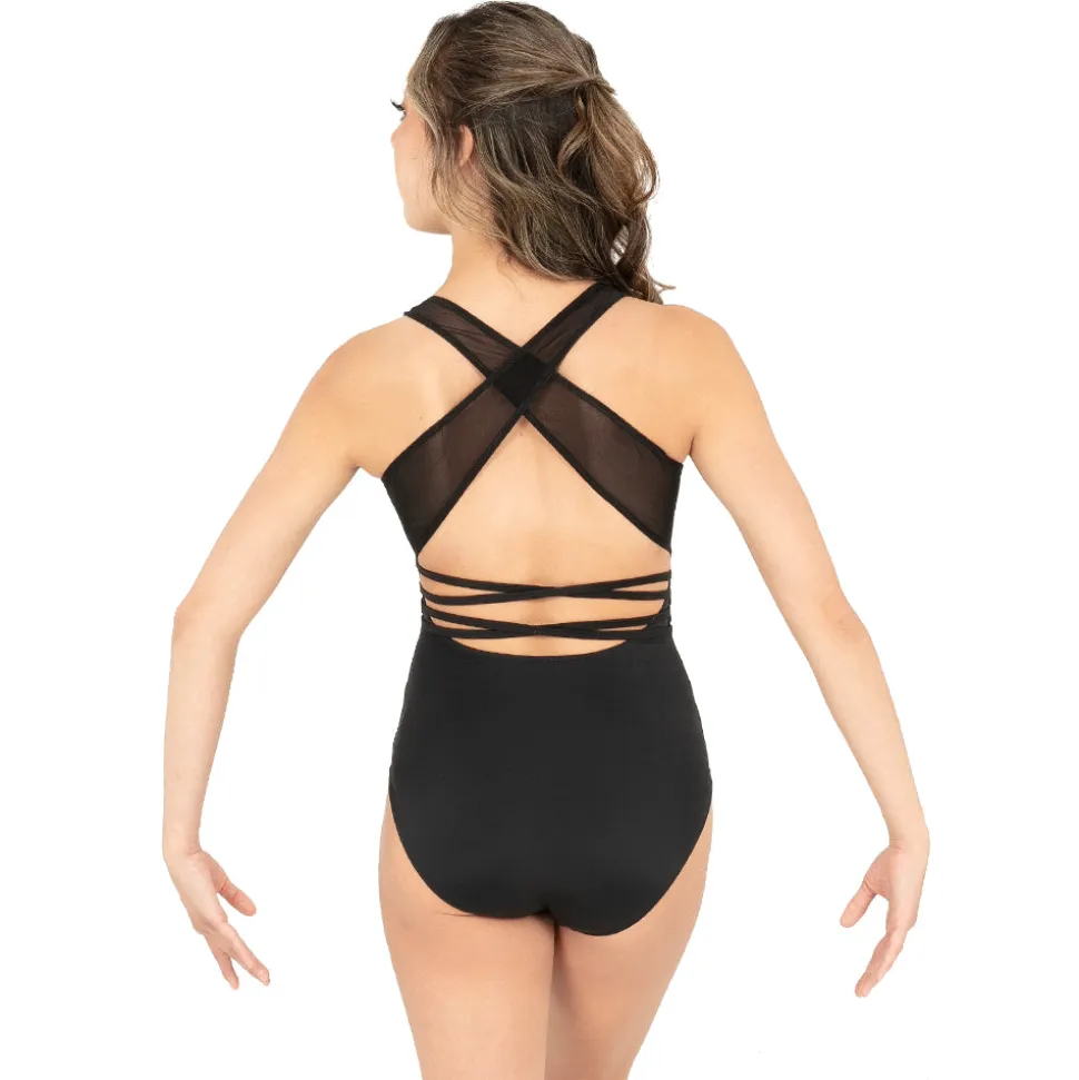 V-Neck Mesh Panel Cut Out Wide Strap Back Leotard