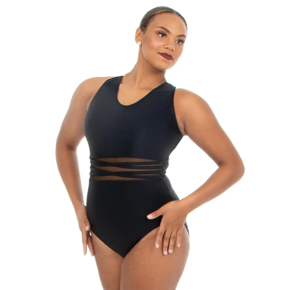 V-Neck Mesh Panel Cut Out Wide Strap Back Leotard