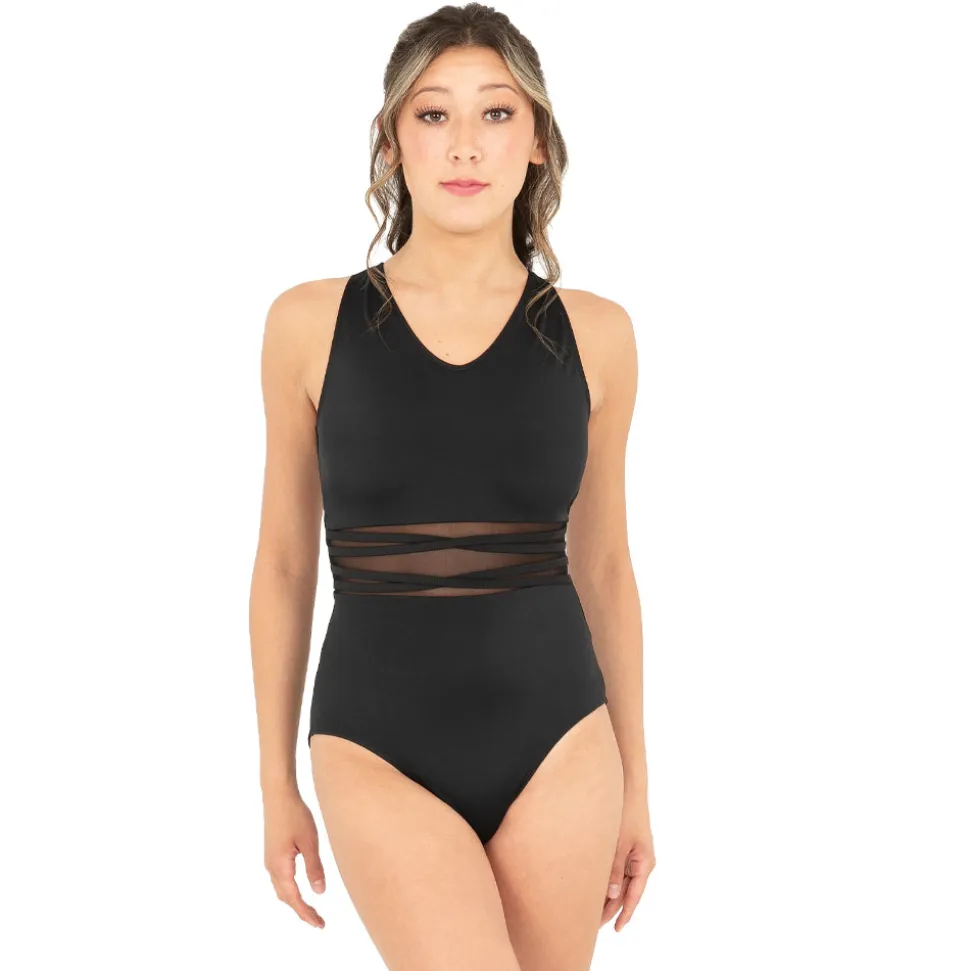V-Neck Mesh Panel Cut Out Wide Strap Back Leotard