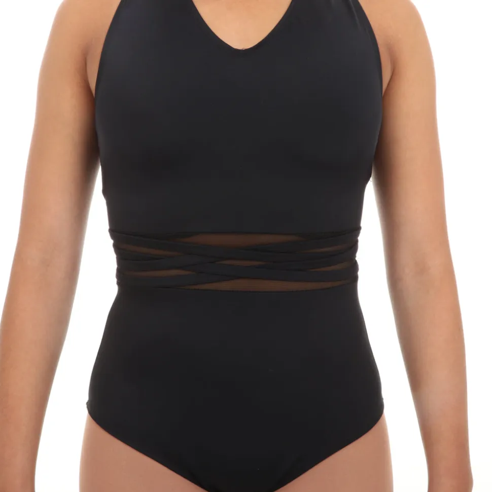 V-Neck Mesh Panel Cut Out Wide Strap Back Leotard