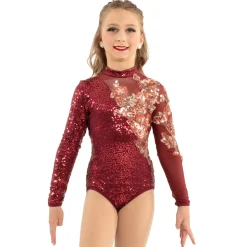 Youth Asymmetrical Sequin Applique Long Sleeve Leotard
