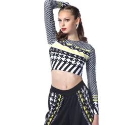 Youth Houndstooth Long Sleeve Crop Top