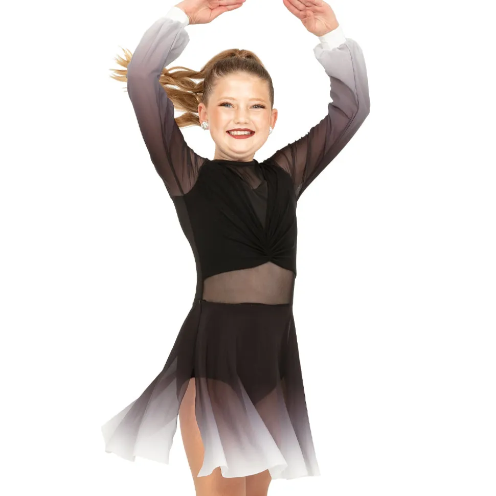 Youth Long Sleeve Midi Ombre Gathered Panel Lyrical Dress