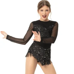 Youth Long Sleeve Sequin Mesh Fringe Leotard