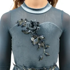 Youth Long Sleeve Velvet Applique Leotard and Mesh Applique Skirt