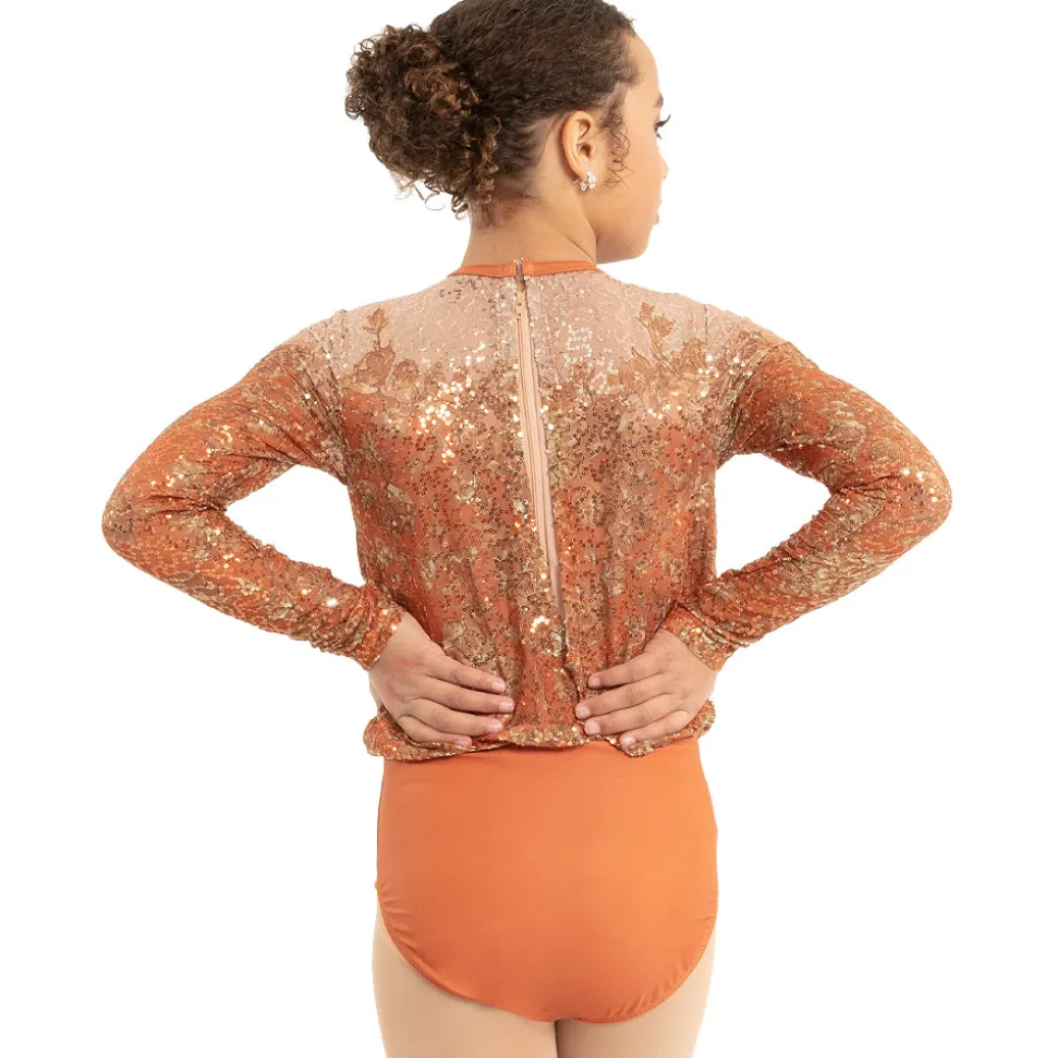 Youth Sequin Billowed Long Sleeve Floral Leotard