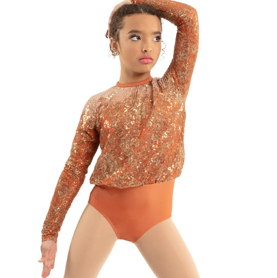 Youth Sequin Billowed Long Sleeve Floral Leotard