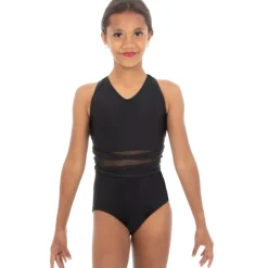 Youth V-Neck Mesh Panel Cut Out Wide Strap Back Leotard