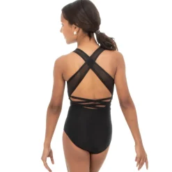 Youth V-Neck Mesh Panel Cut Out Wide Strap Back Leotard